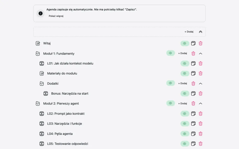 Edytor kursu w panelu: drzewo agendy z folderami i lekcjami