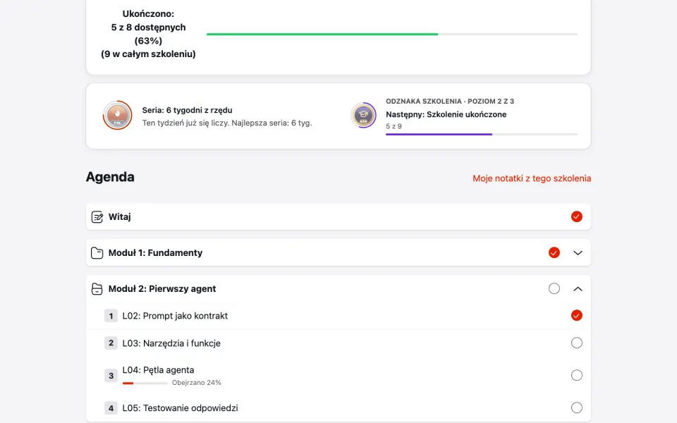 Strona kursu w SparkStyle: agenda z modułami w folderach, odhaczone lekcje i pasek postępu