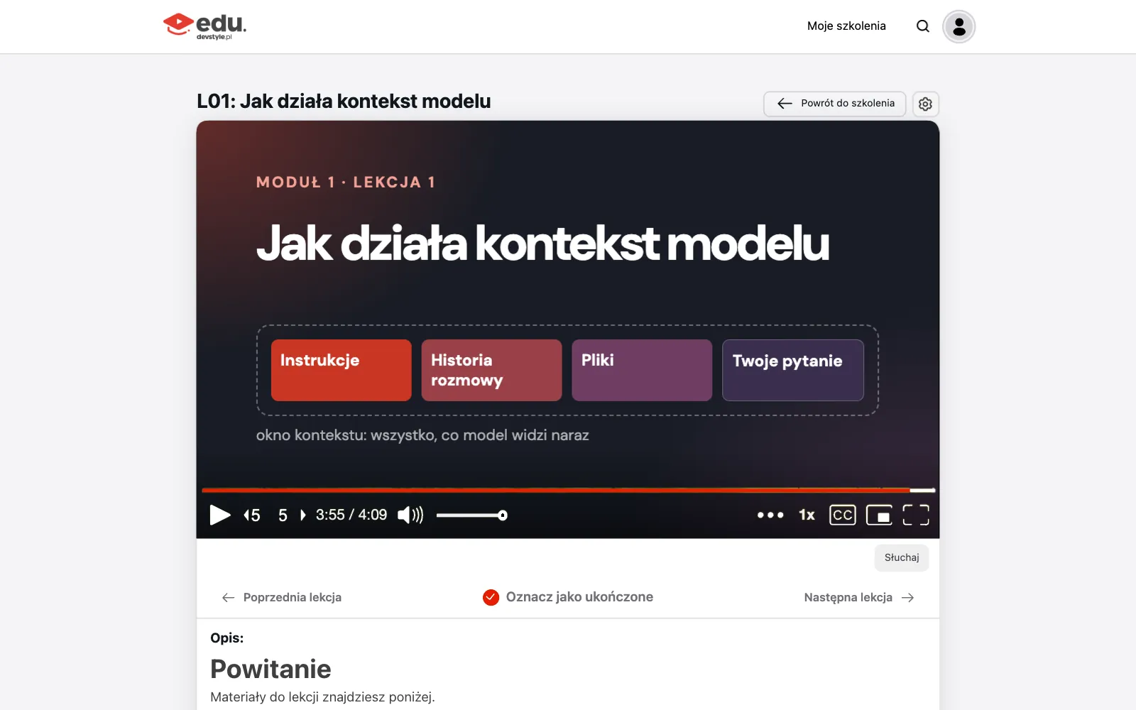 Lekcja w SparkStyle: player wideo, agenda kursu z odhaczonymi lekcjami i notatki