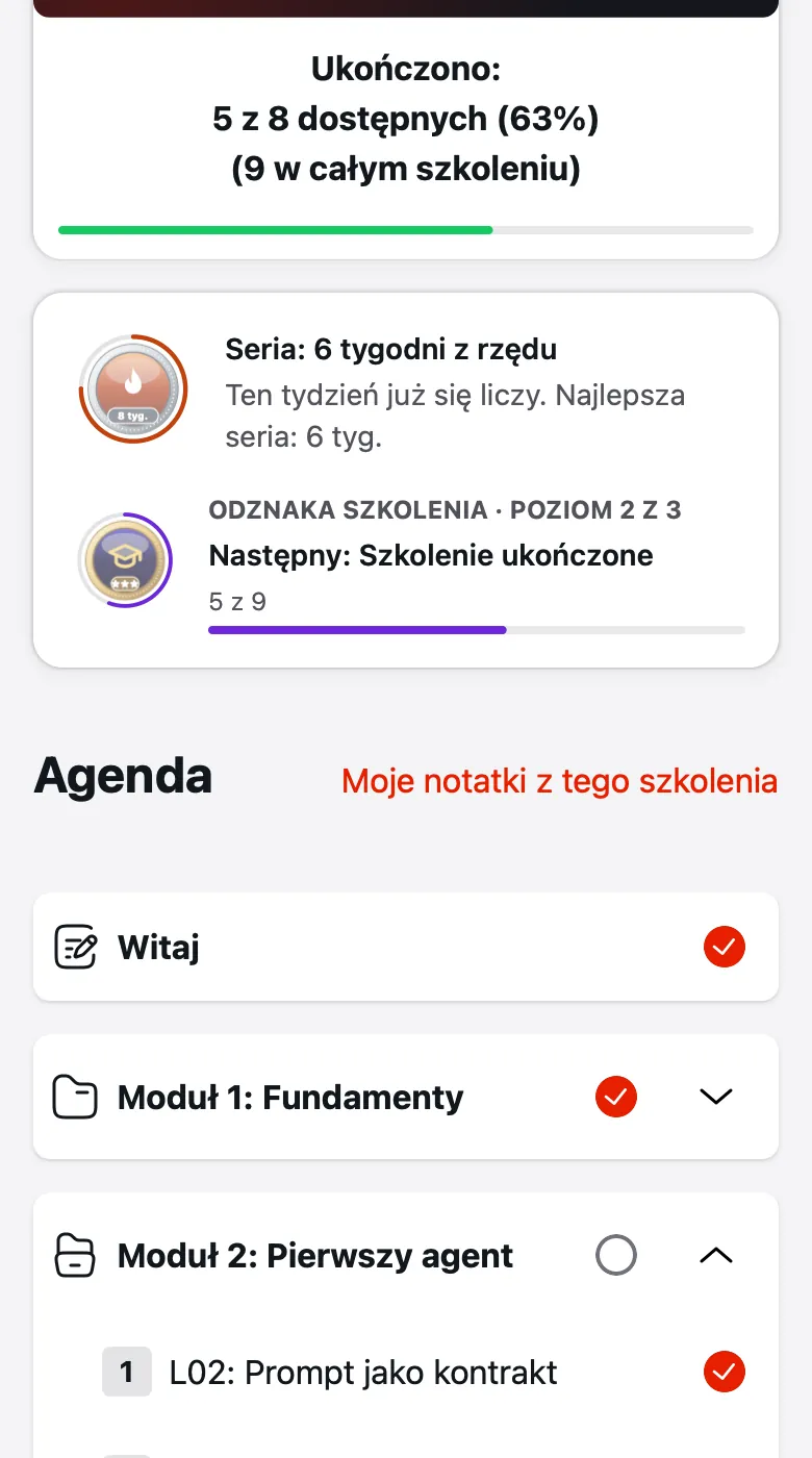 Agenda kursu na telefonie z postępem i odhaczonymi lekcjami